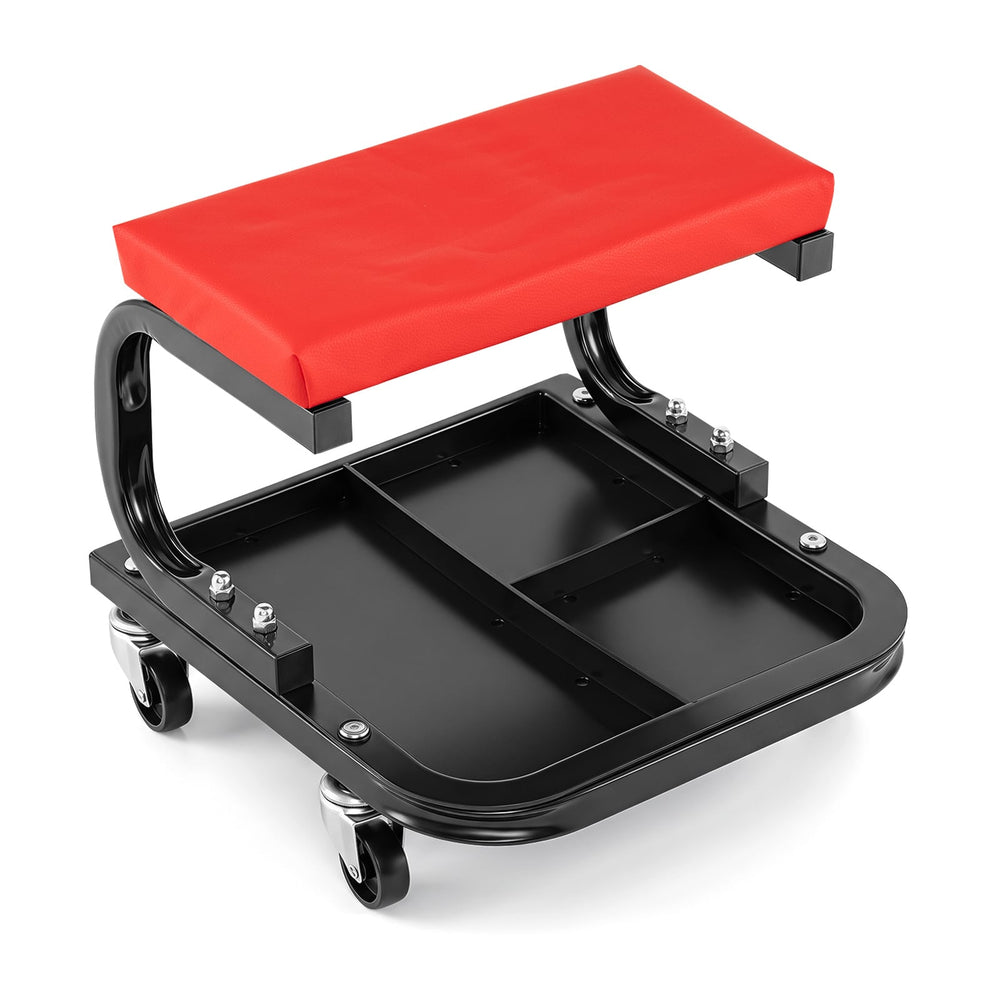 Heavy Duty Mechanic Rolling Stool with Tool Tray and Padded 360° Swivel for Garage-Red