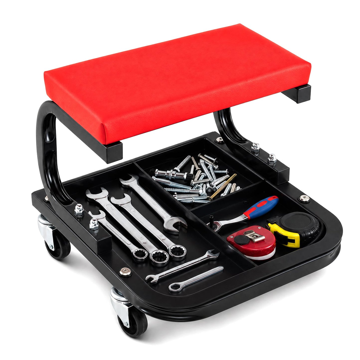 Heavy Duty Mechanic Rolling Stool with Tool Tray and Padded 360° Swivel for Garage-Red