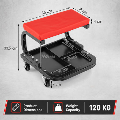 Heavy Duty Mechanic Rolling Stool with Tool Tray and Padded 360° Swivel for Garage-Red