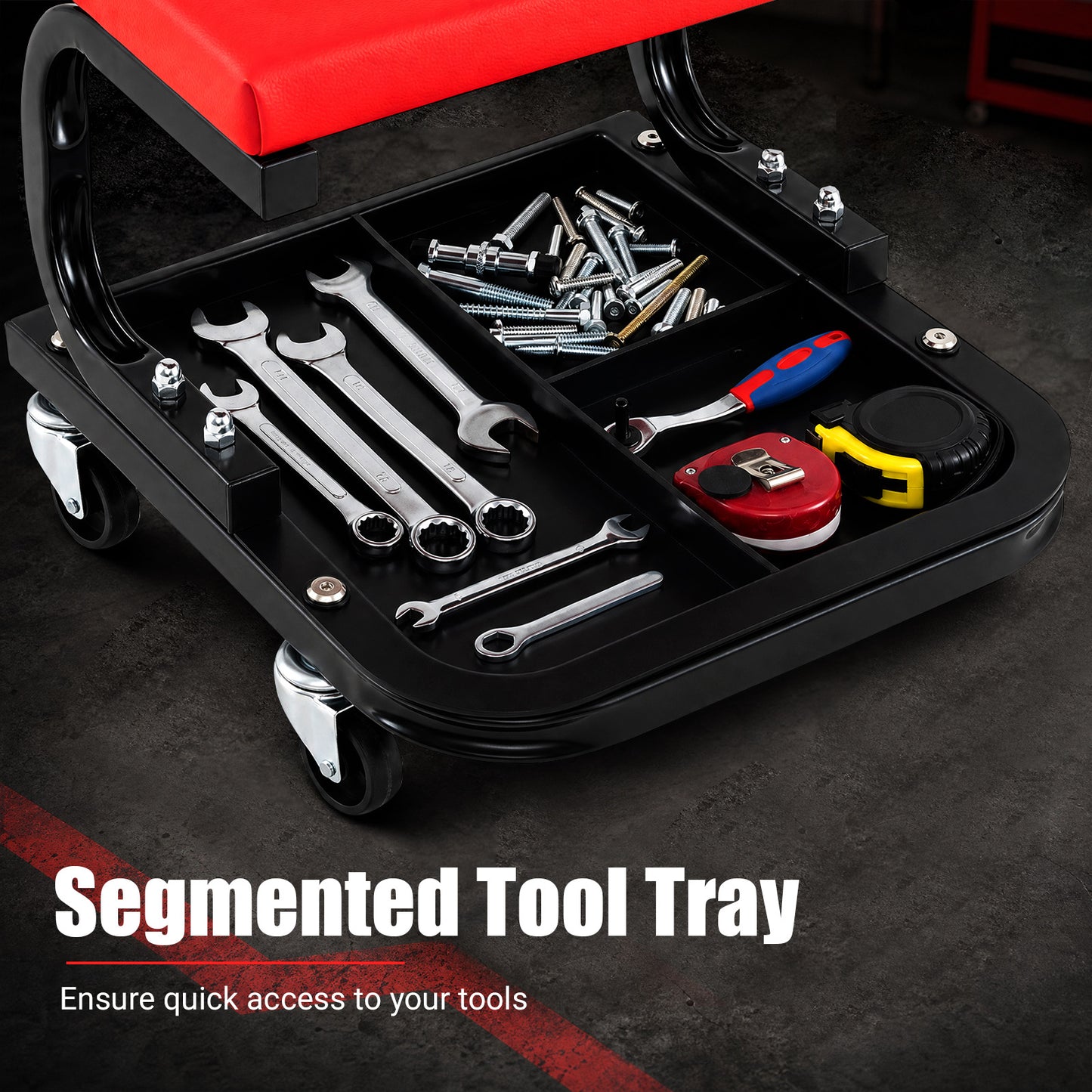Heavy Duty Mechanic Rolling Stool with Tool Tray and Padded 360° Swivel for Garage-Red