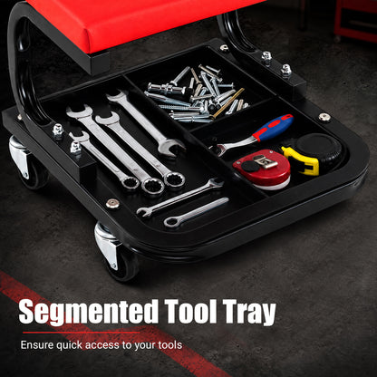 Heavy Duty Mechanic Rolling Stool with Tool Tray and Padded 360° Swivel for Garage-Red