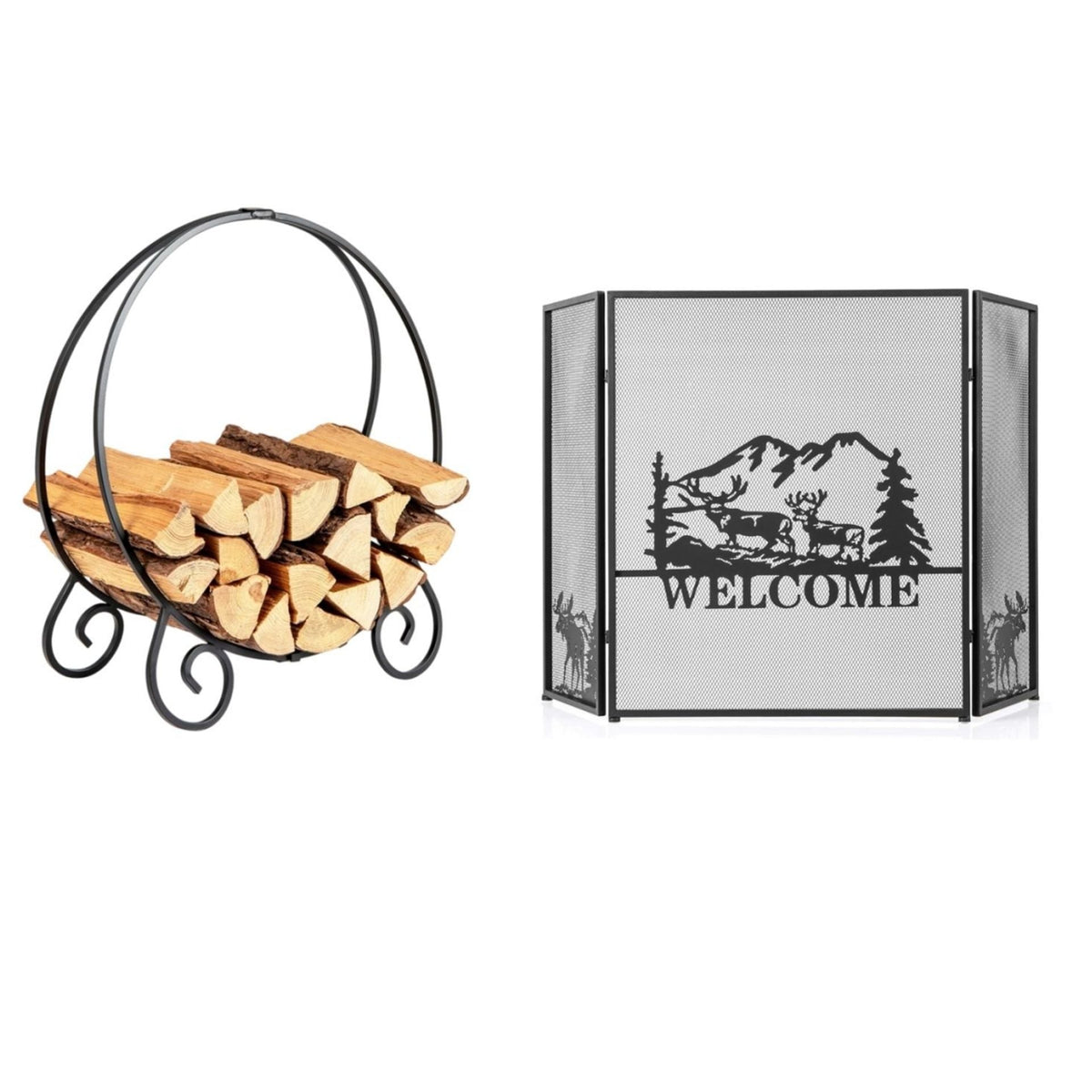 Heavy Duty Metal Firewood Holder and Spark Guard for Indoor Outdoor Fireplace