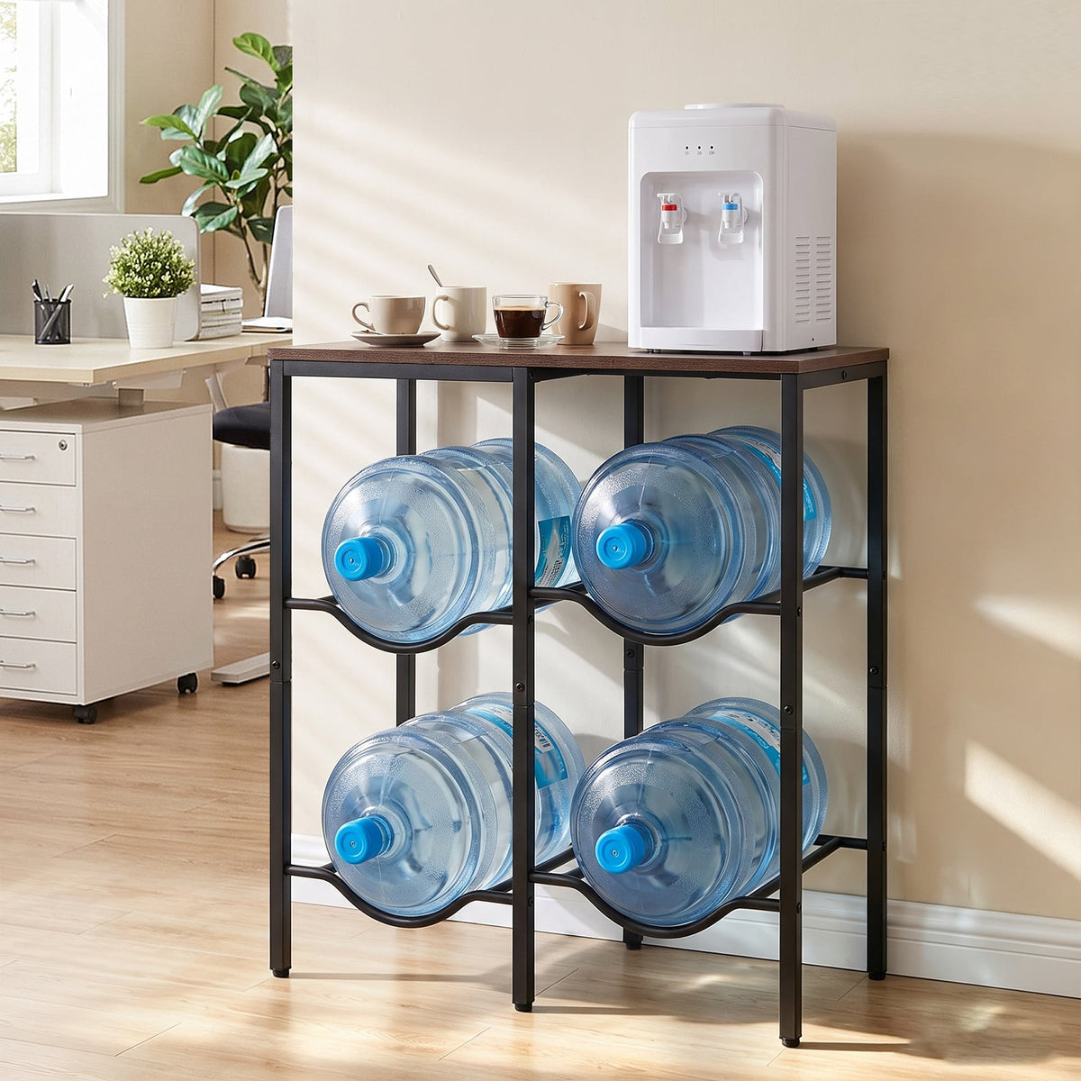 Heavy Duty Metal Frame Water Jug Shelf with Adjustable Foot Pads-Rustic Brown