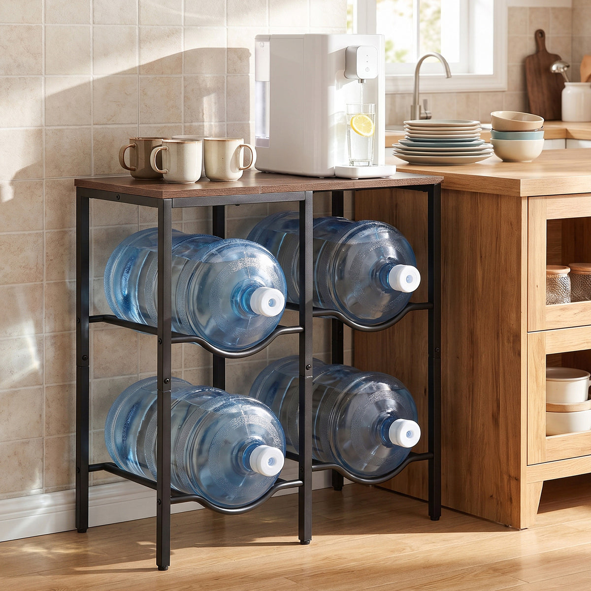 Heavy Duty Metal Frame Water Jug Shelf with Adjustable Foot Pads-Rustic Brown