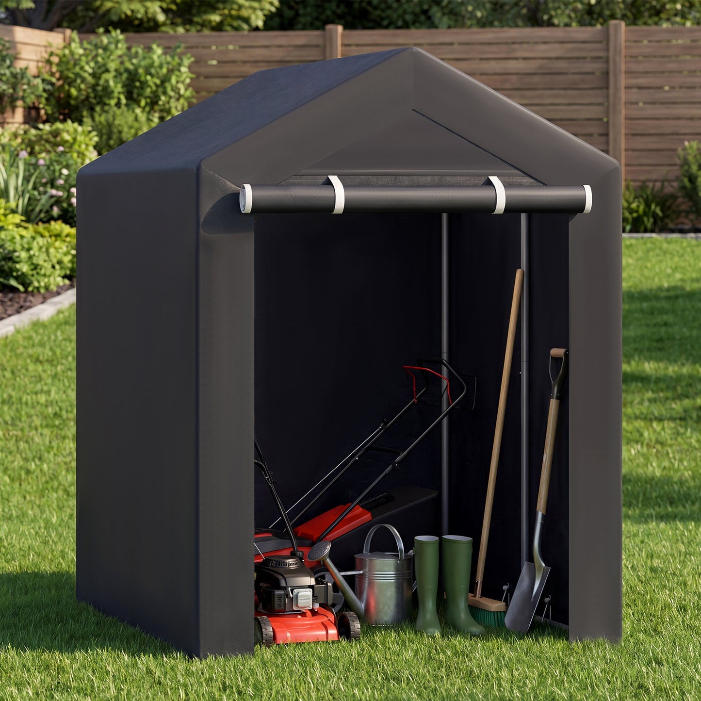 Heavy-Duty Portable Storage Shed with Roll-up Zipper Door and Sun-Protective Canopy-M