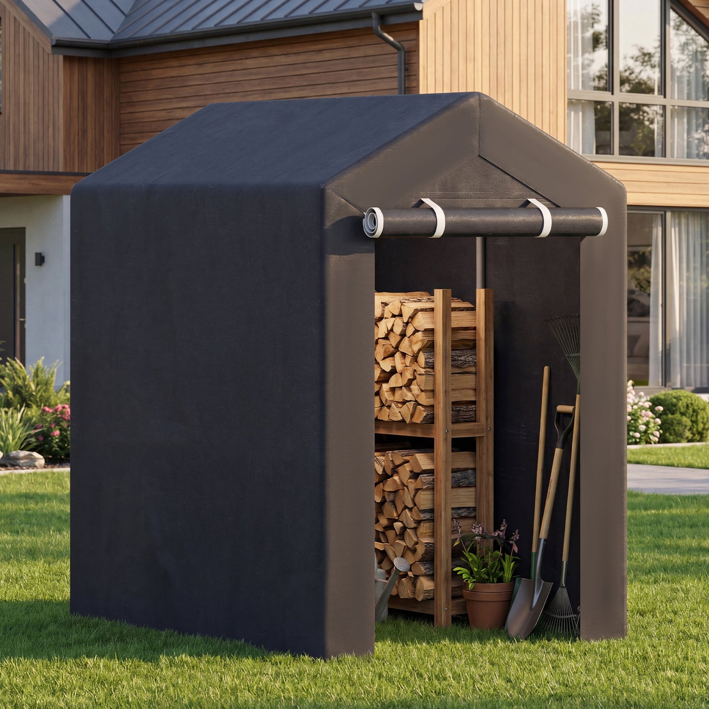 Heavy-Duty Portable Storage Shed with Roll-up Zipper Door and Sun-Protective Canopy-S