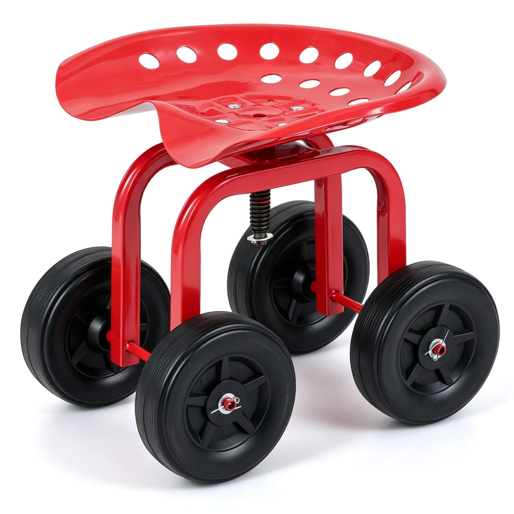 Heavy-Duty Rolling Garden Cart with Height Adjustable and Swivel Seat-Red