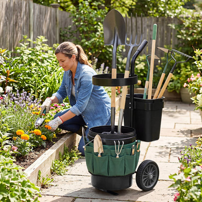 Heavy Duty Rolling Garden Cart with Wheels and Round Bucket-Green