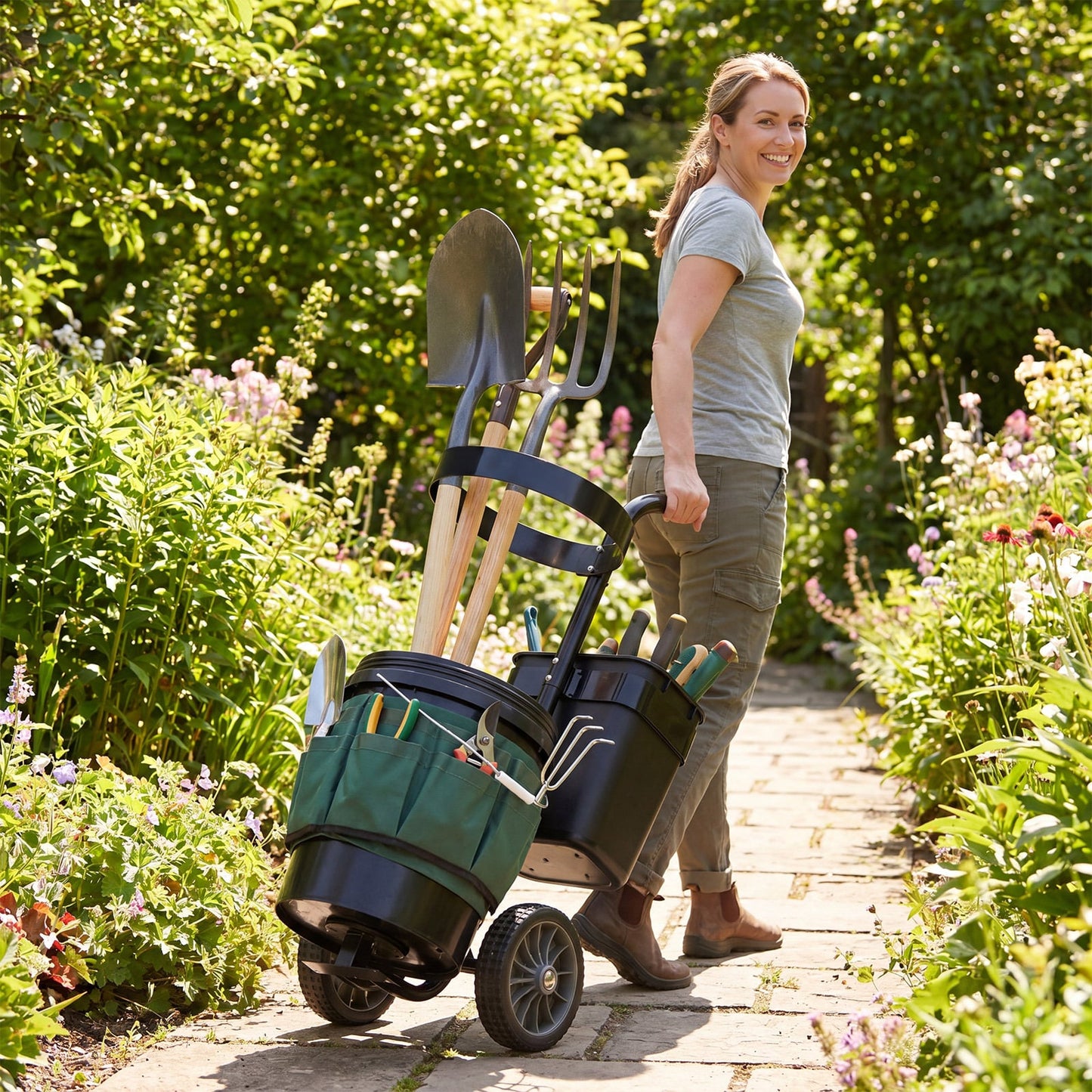 Heavy Duty Rolling Garden Cart with Wheels and Round Bucket-Green