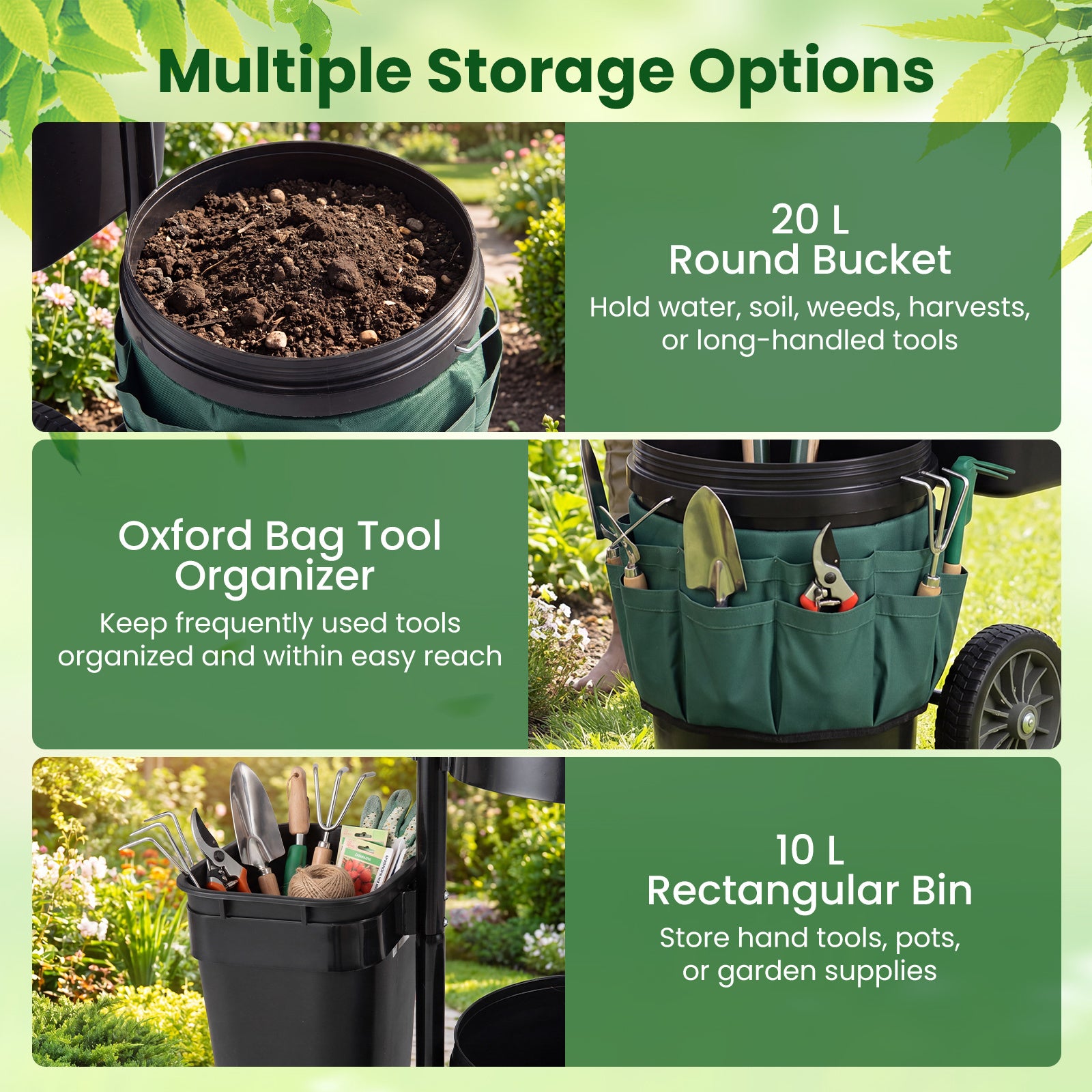 Heavy Duty Rolling Garden Cart with Wheels and Round Bucket-Green