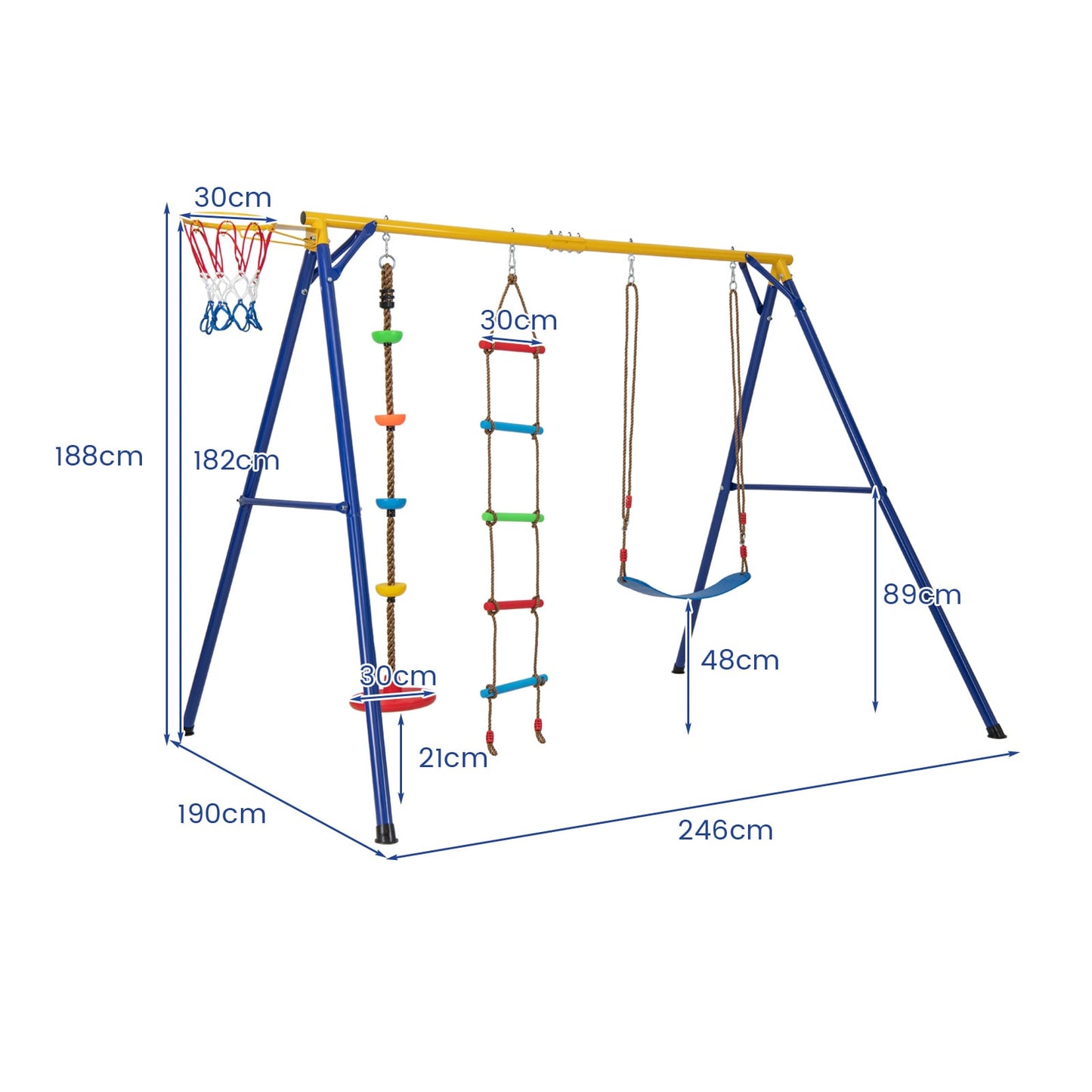 4-in-1 Heavy Duty Swing Set with 1 Basketball Hoop and 1 Adjustable Belt Swing-Blue &amp; Yellow