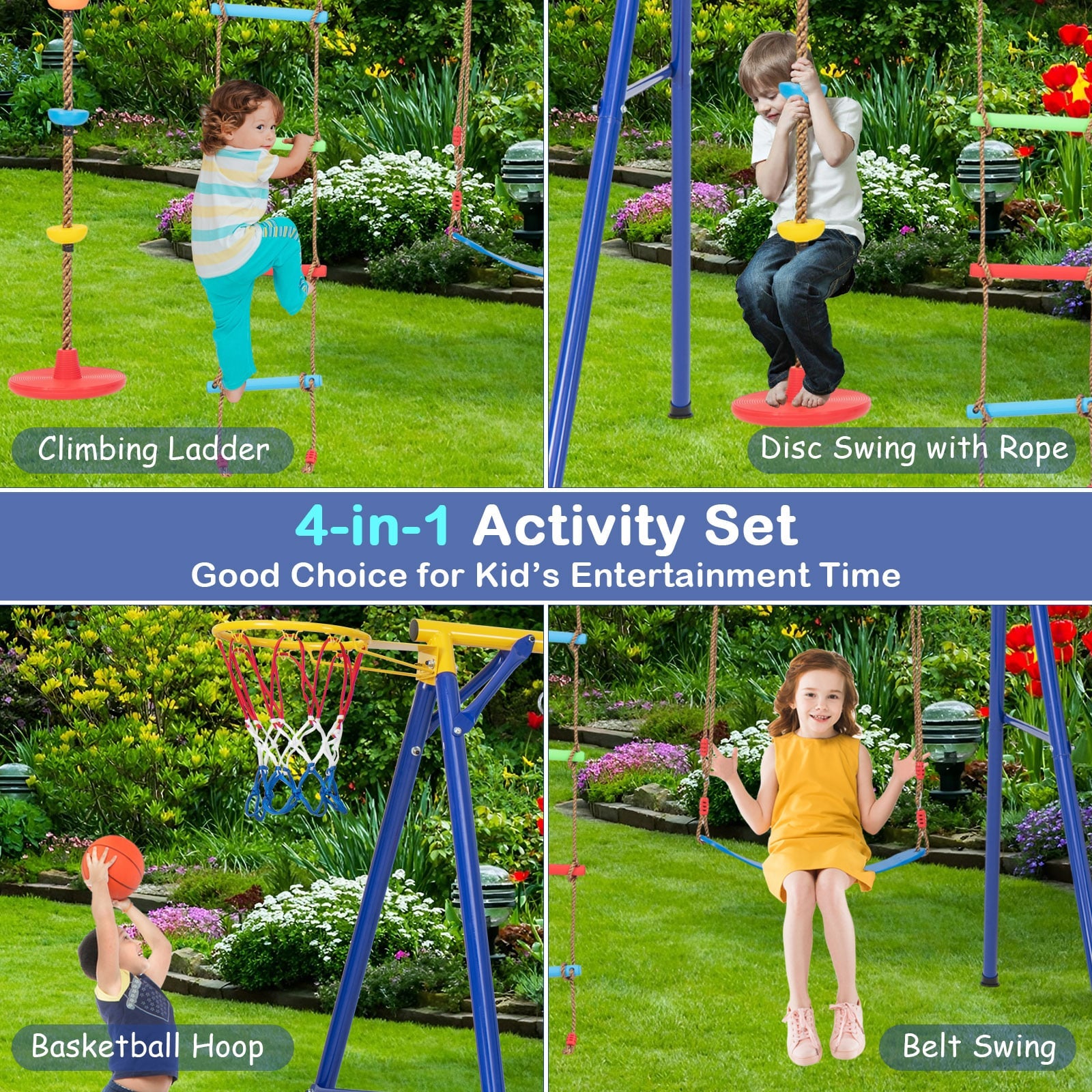 4-in-1 Heavy Duty Swing Set with 1 Basketball Hoop and 1 Adjustable Belt Swing-Blue &amp; Yellow