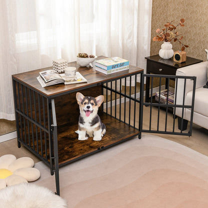 Heavy-duty Dog Crate Furniture with Dual Lockable Double Doors-Rustic Brown