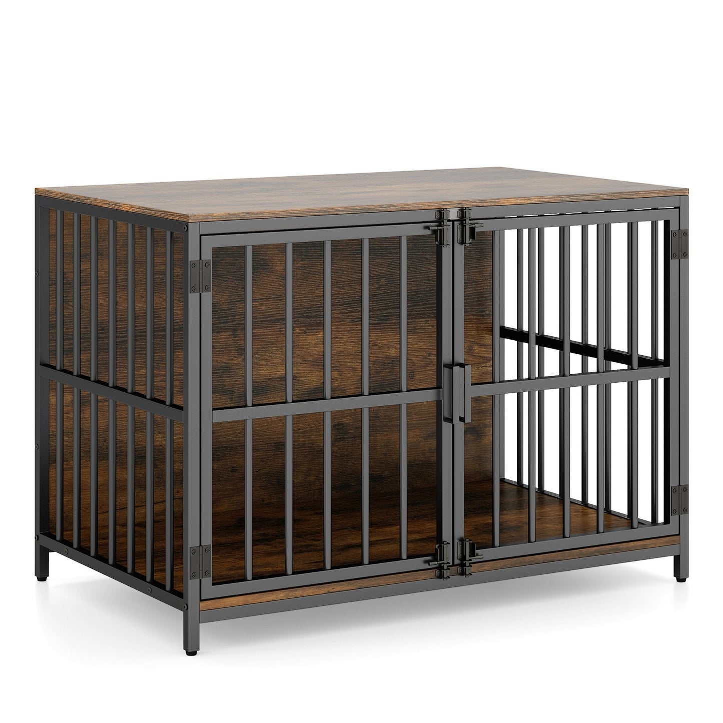 Heavy-duty Dog Crate Furniture with Dual Lockable Double Doors-Rustic Brown
