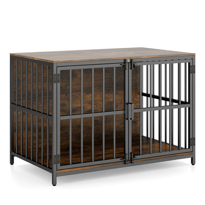 Heavy-duty Dog Crate Furniture with Dual Lockable Double Doors-Rustic Brown