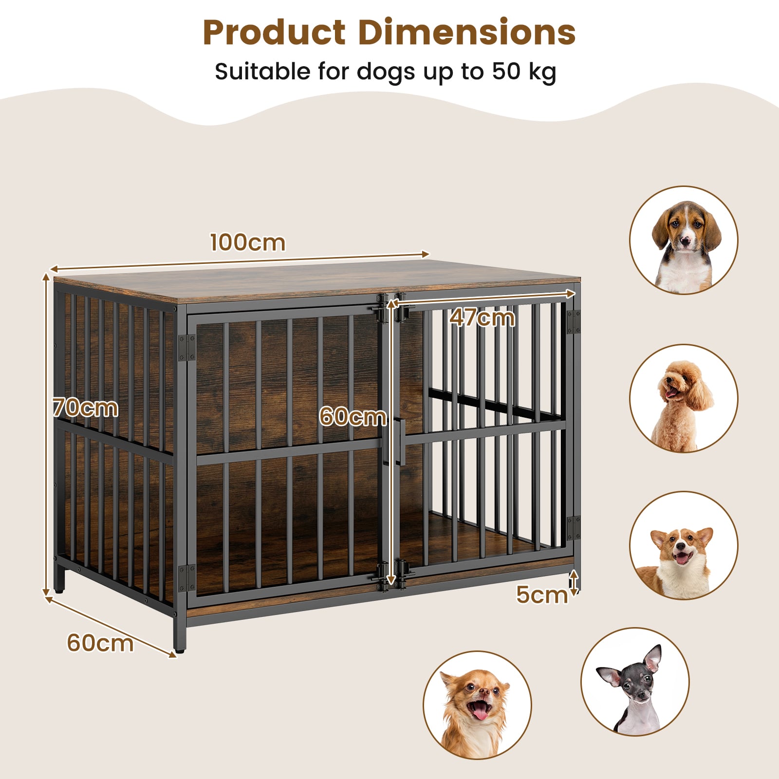 Heavy-duty Dog Crate Furniture with Dual Lockable Double Doors-Rustic Brown