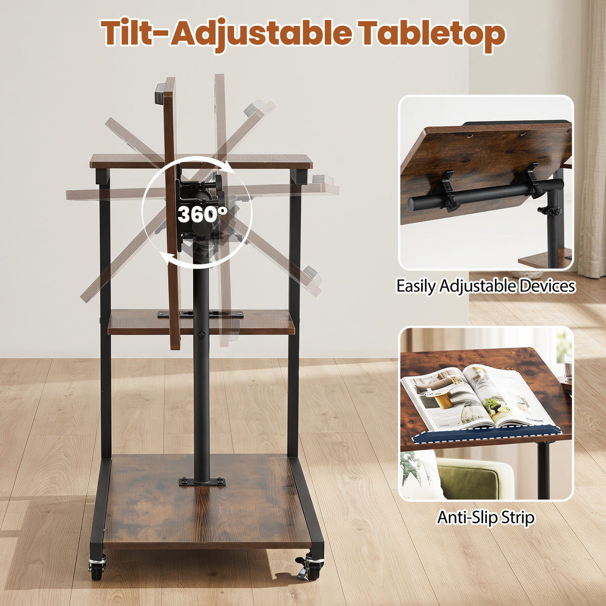 Height Adjustable C Table with Charging Station & Tiltable Top and Wheels-Rustic Brown
