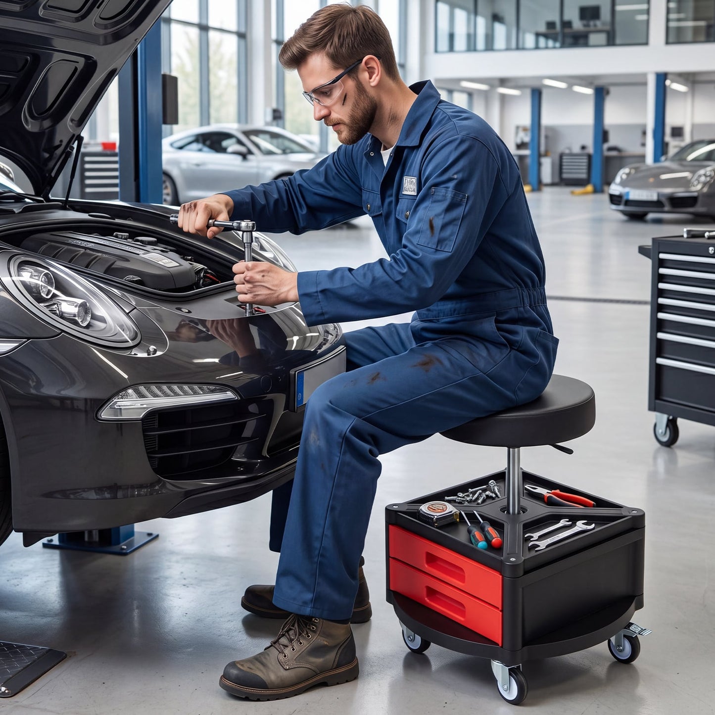 Height-Adjustable Rolling Mechanic Stool with Cushioned Seat Tool Tray for Repair Shop-Red
