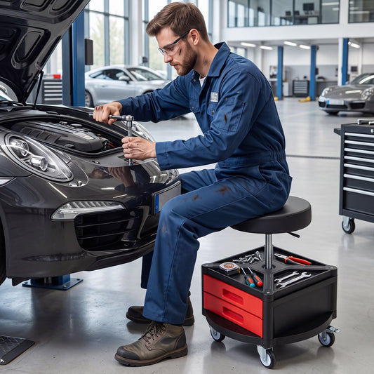 Height-Adjustable Rolling Mechanic Stool with Cushioned Seat Tool Tray for Repair Shop-Red