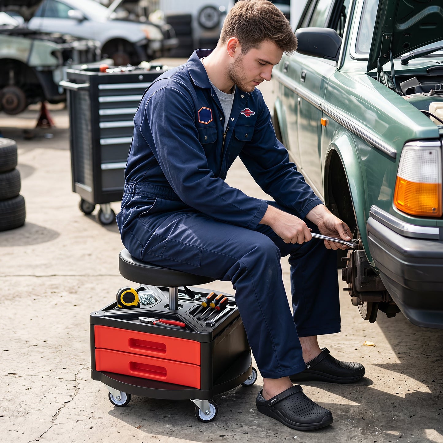 Height-Adjustable Rolling Mechanic Stool with Cushioned Seat Tool Tray for Repair Shop-Red