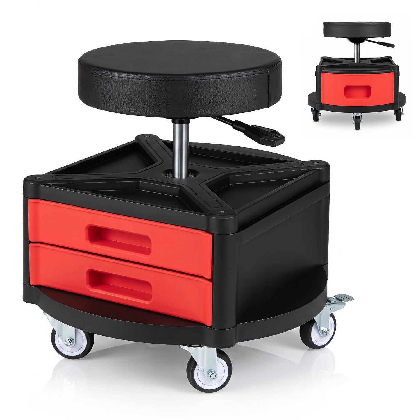 Height-Adjustable Rolling Mechanic Stool with Cushioned Seat Tool Tray for Repair Shop-Red