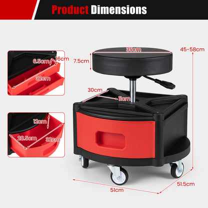 Height-Adjustable Rolling Mechanic Stool with Cushioned Seat Tool Tray for Repair Shop-Red