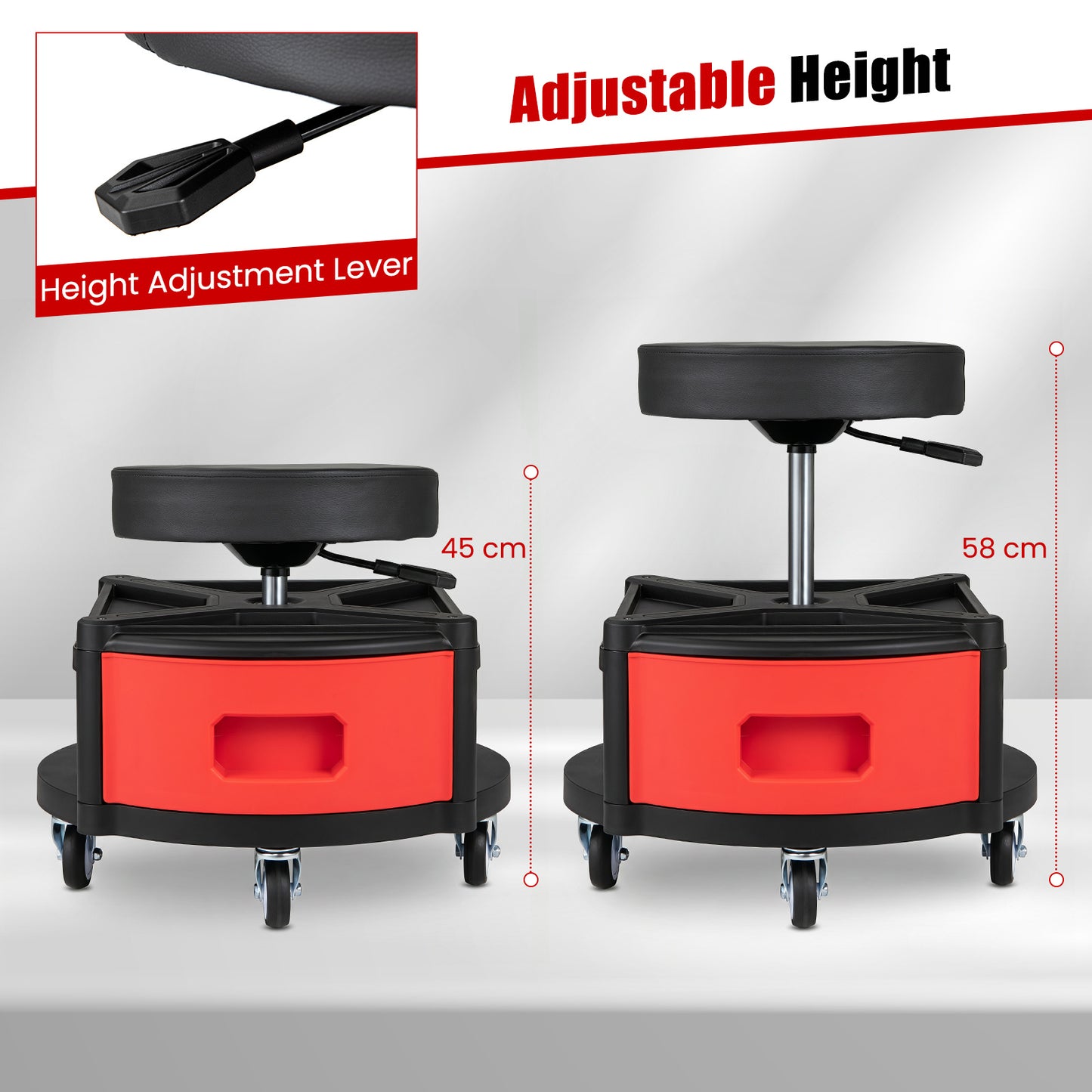 Height-Adjustable Rolling Mechanic Stool with Cushioned Seat Tool Tray for Repair Shop-Red