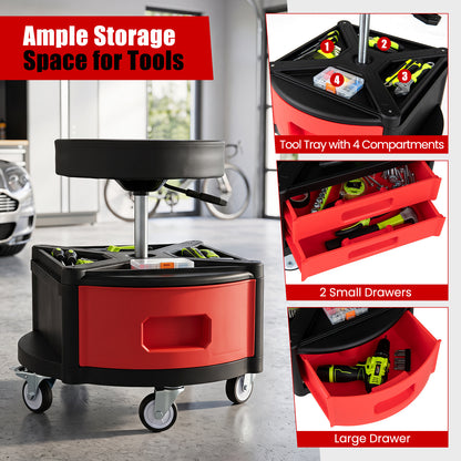 Height-Adjustable Rolling Mechanic Stool with Cushioned Seat Tool Tray for Repair Shop-Red
