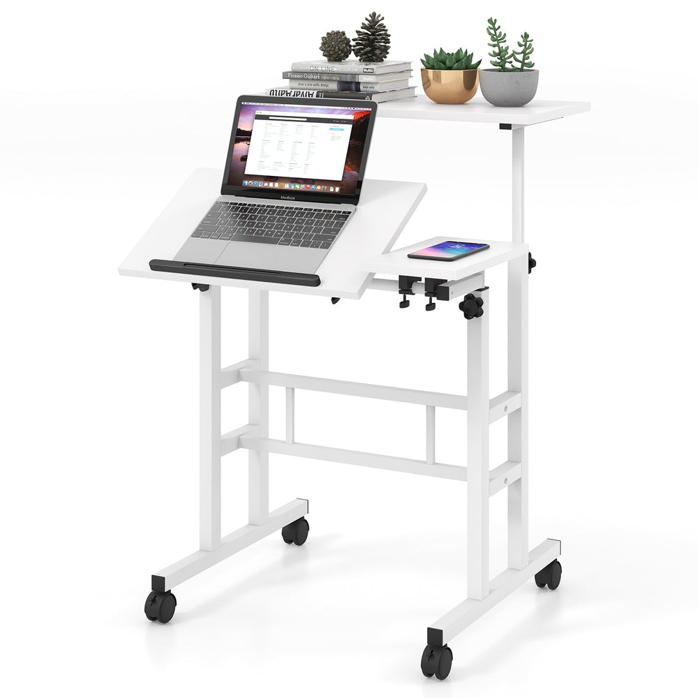 Height Adjustable Workstation with Wheels for Standing or Sitting-White