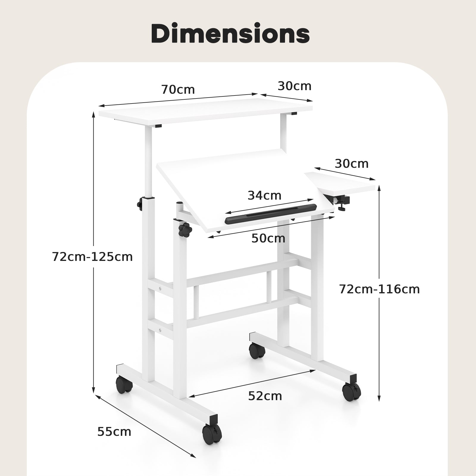 Height Adjustable Workstation with Wheels for Standing or Sitting-White