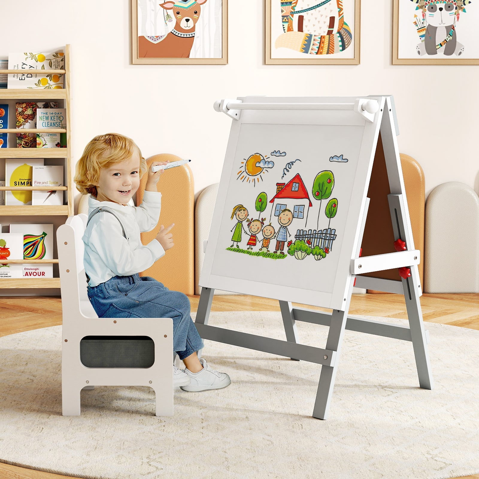 Height-adjustable Painting Easel with Chalkboard and Paper Holder-White