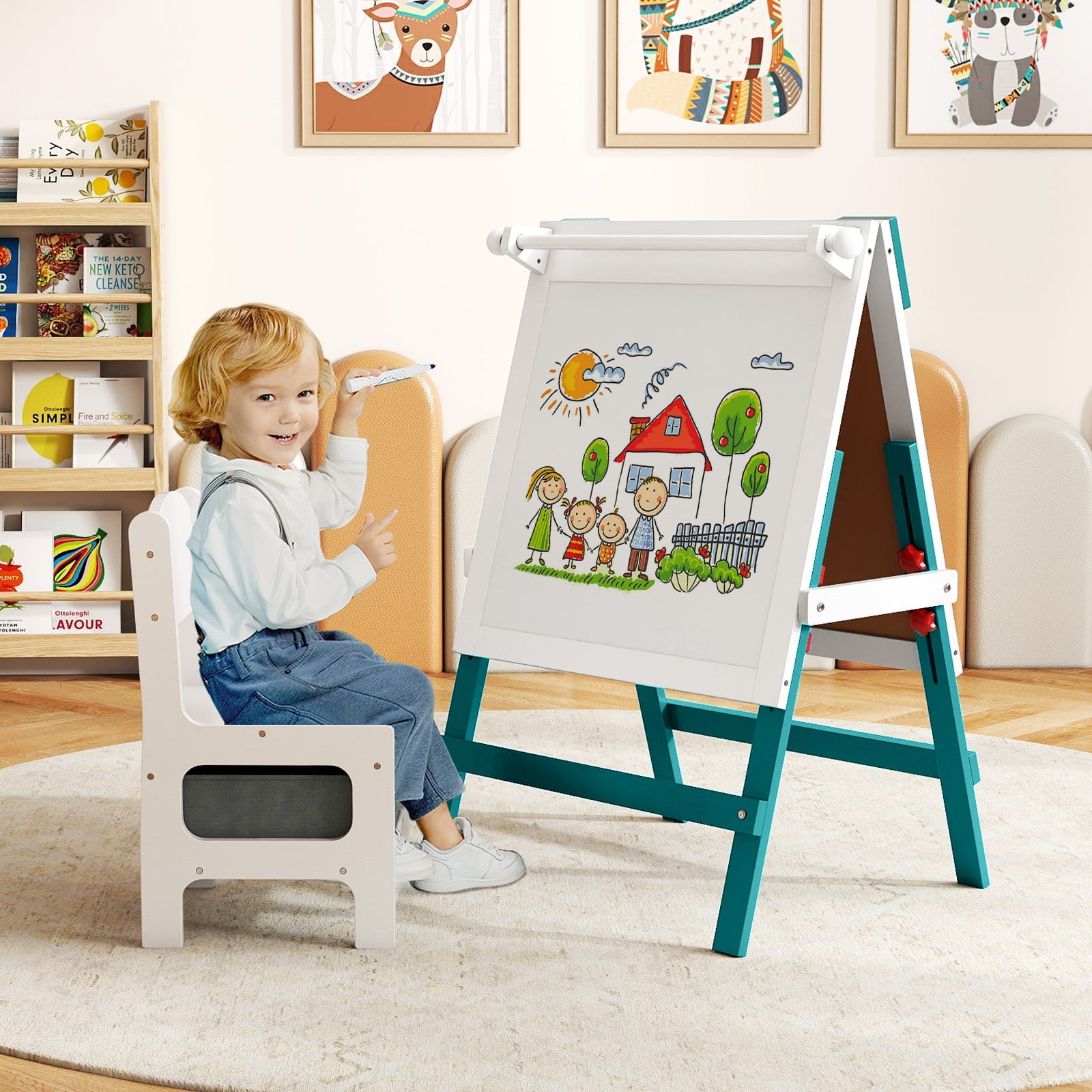 Height-adjustable Painting Easel with Chalkboard and Paper Holder-Green & White