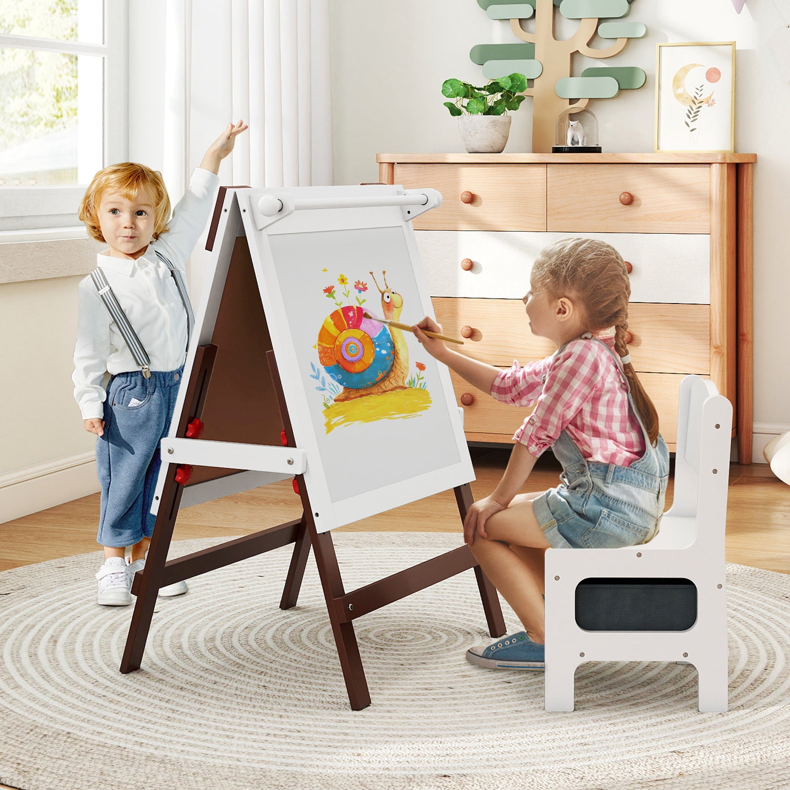 Height-adjustable Painting Easel with Chalkboard and Paper Holder-Brown
