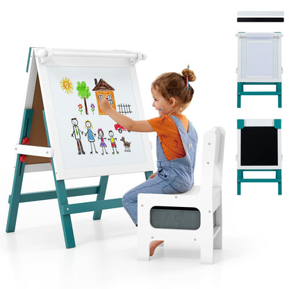 Height-adjustable Painting Easel with Chalkboard and Paper Holder-Green & White