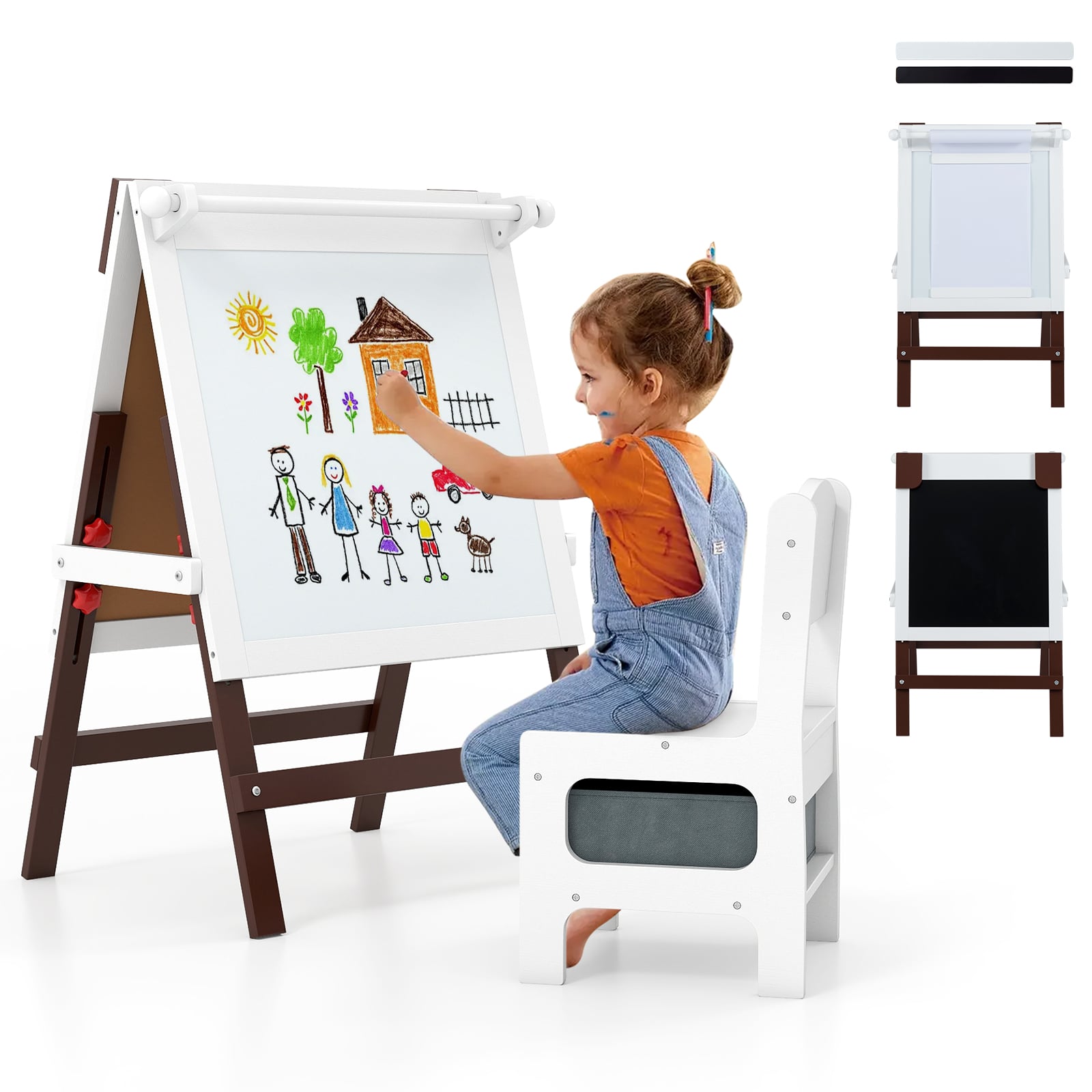 Height-adjustable Painting Easel with Chalkboard and Paper Holder-Brown