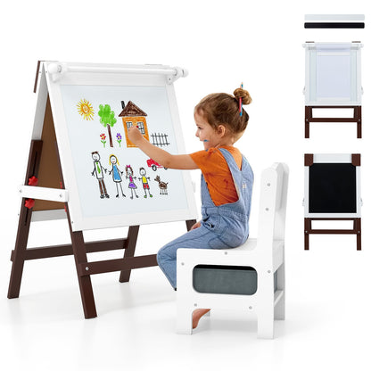 Height-adjustable Painting Easel with Chalkboard and Paper Holder-Brown