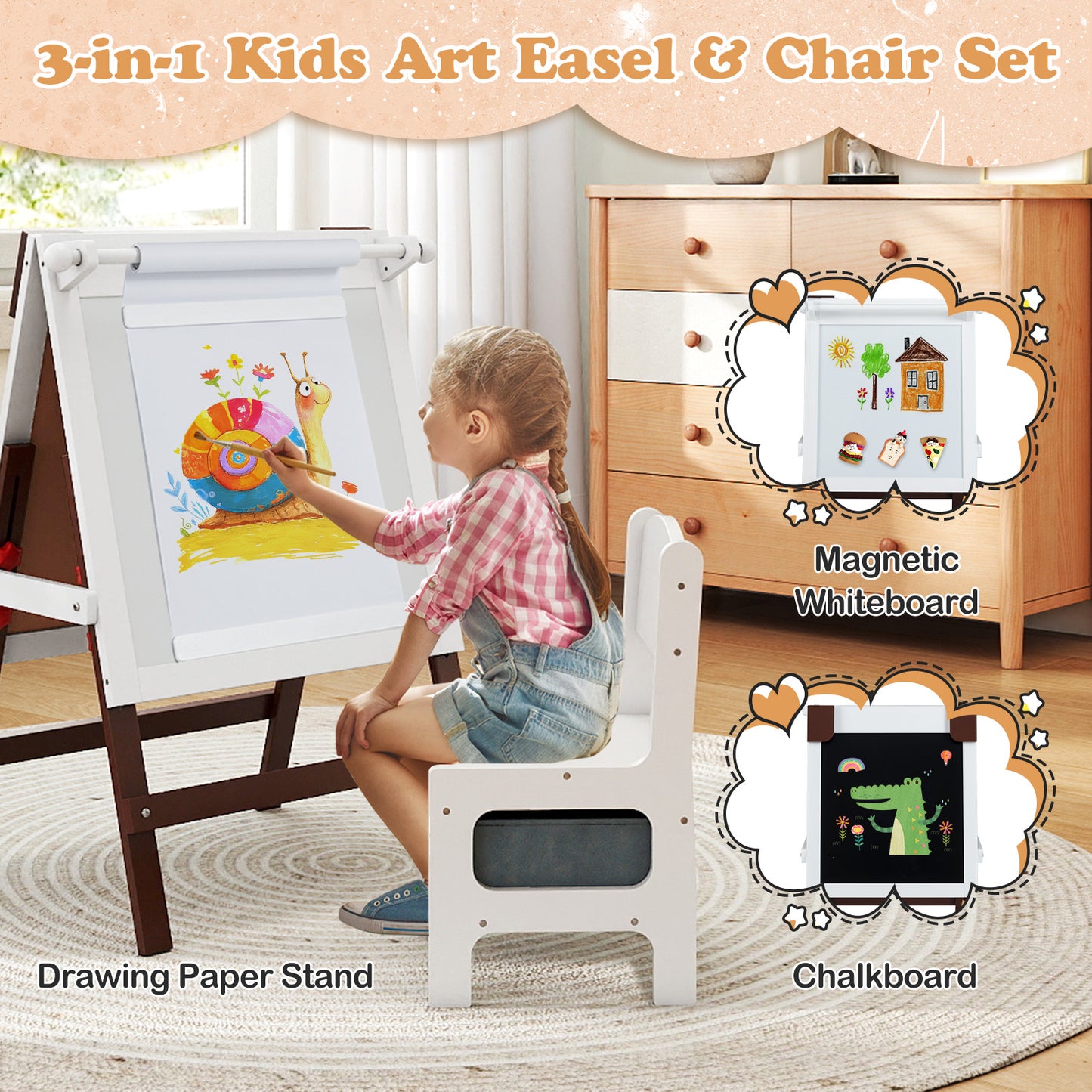 Height-adjustable Painting Easel with Chalkboard and Paper Holder-Brown