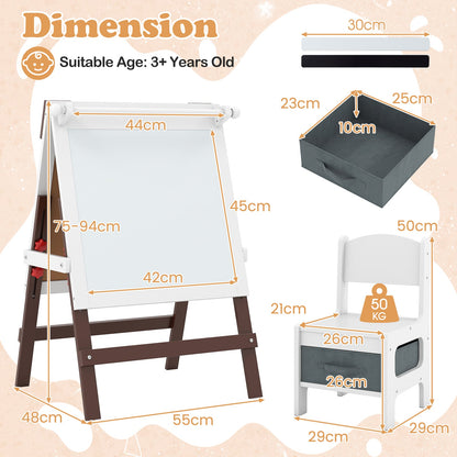 Height-adjustable Painting Easel with Chalkboard and Paper Holder-Brown