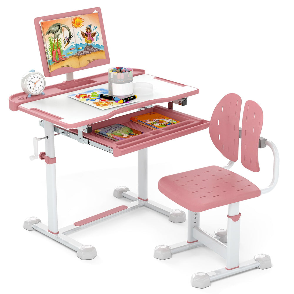 Height-Adjustable Kid's Study Desk and Chair Set with Tilt Desktop and Footrest Bar-Pink