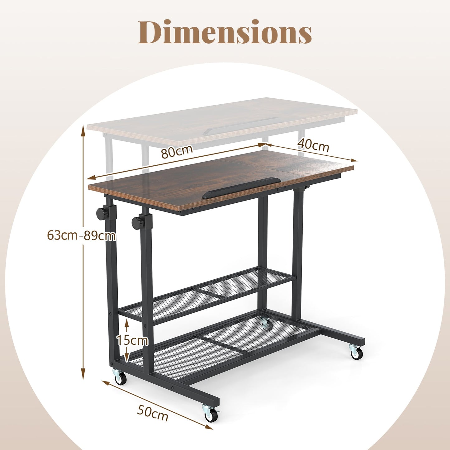 Mobile Stand up Height Adjustable Sit Stand Desk with Tilting Tabletop-Rustic Brown