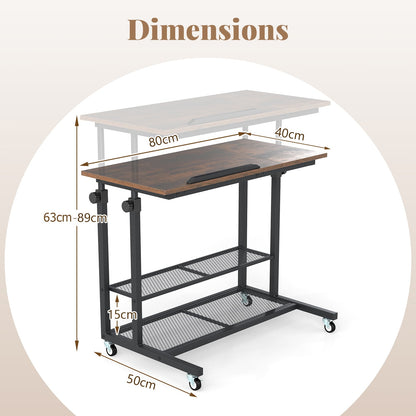Mobile Stand up Height Adjustable Sit Stand Desk with Tilting Tabletop-Rustic Brown
