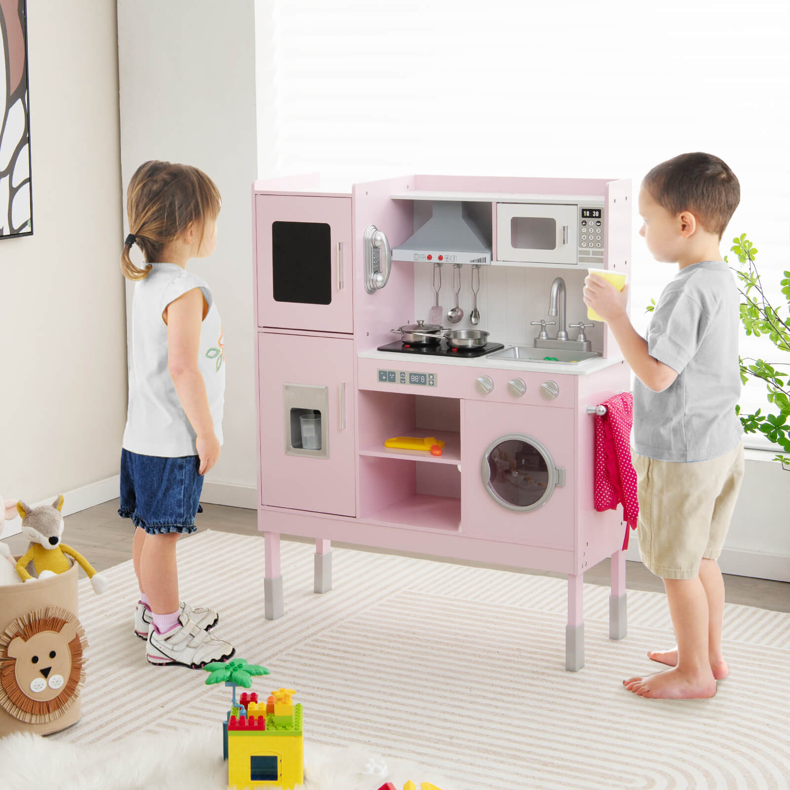 Height Adjustable Wooden Kid Play Kitchen Set with Light Pink Furniture Gold