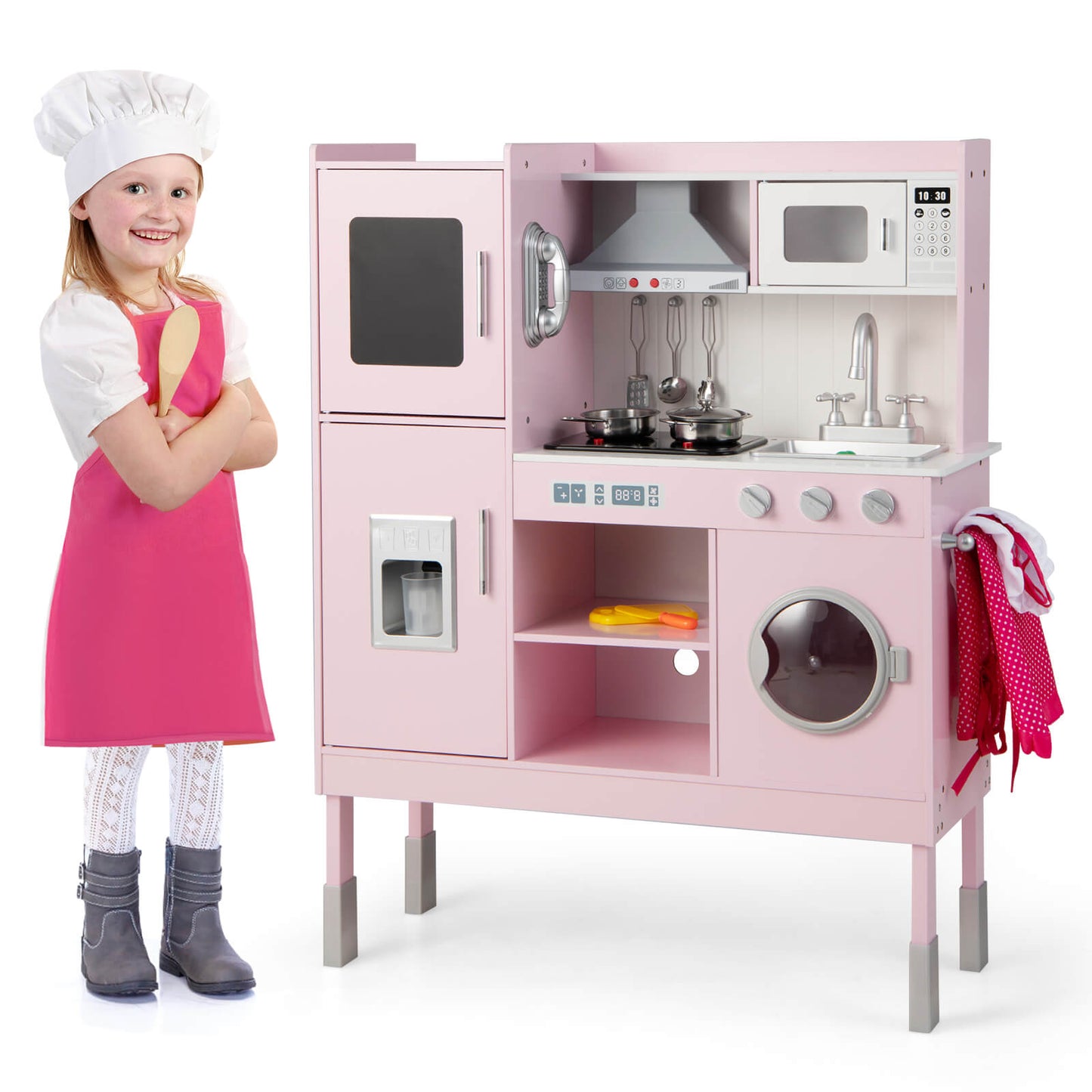 Height Adjustable Wooden Kid Play Kitchen Set with Light-Pink