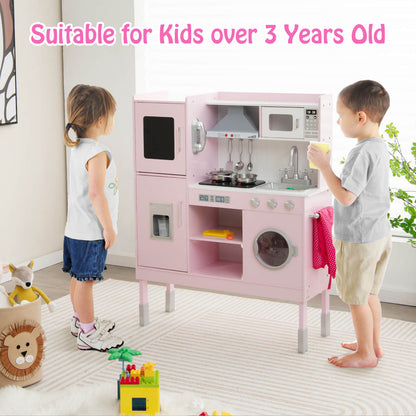 Height Adjustable Wooden Kid Play Kitchen Set with Light-Pink