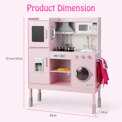 Height Adjustable Wooden Kid Play Kitchen Set with Light-Pink