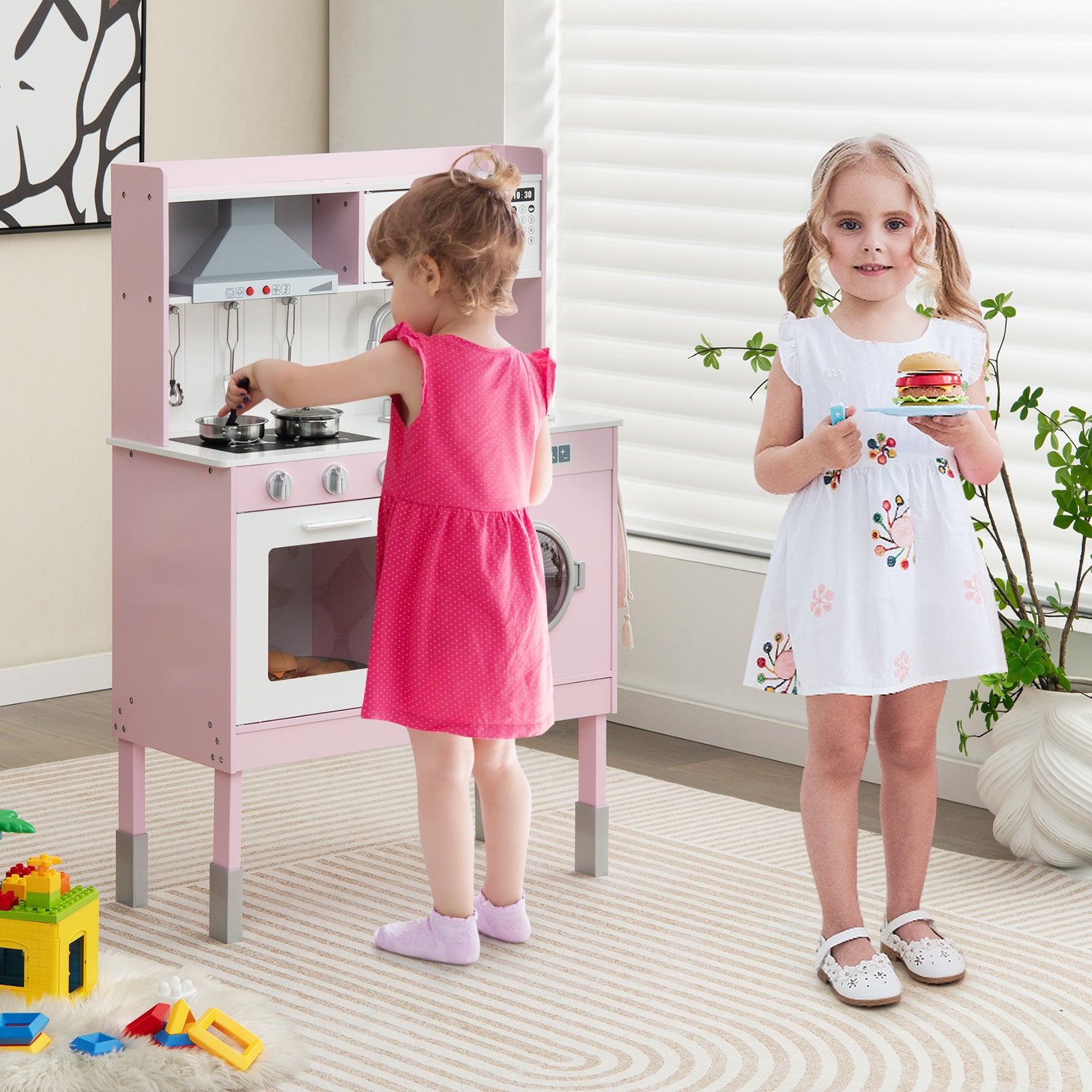 Adjustable Wooden Kids Play Kitchen with Washing Machine Pink