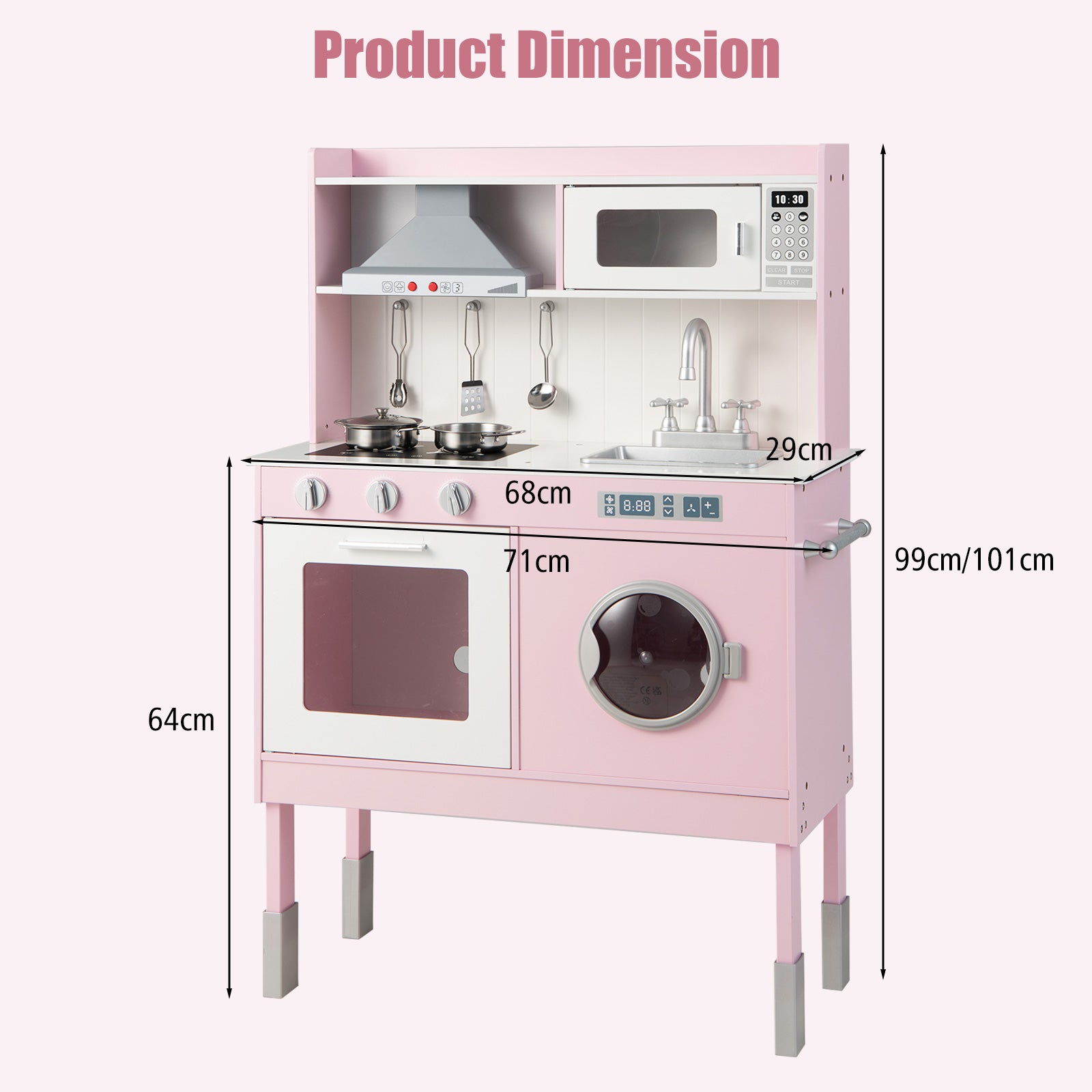 Adjustable Wooden Kids Play Kitchen with Washing Machine Pink