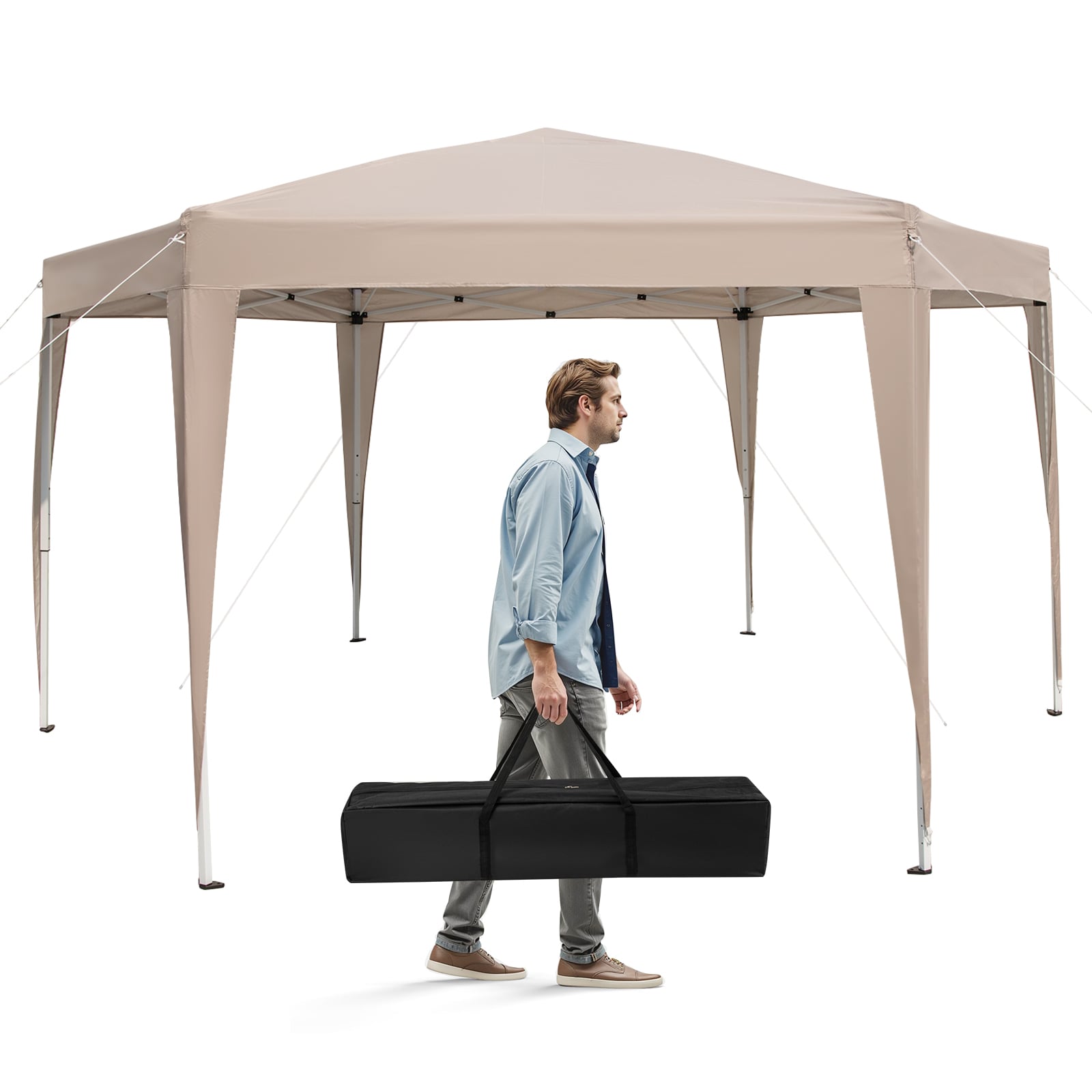 400 x 348 cm Hexagonal Pop-Up Canopy Tent with Dressed Legs-Khaki
