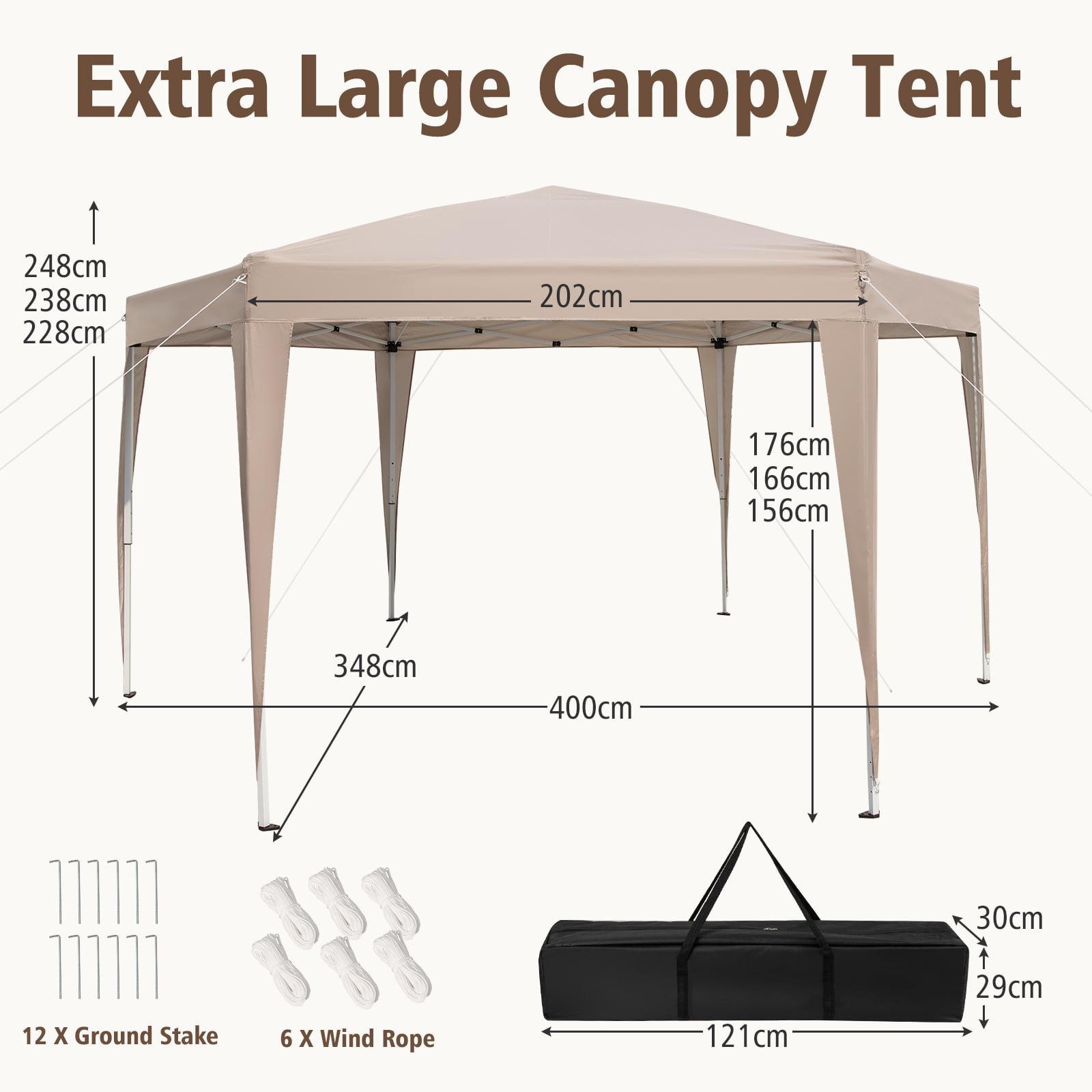 400 x 348 cm Hexagonal Pop-Up Canopy Tent with Dressed Legs-Khaki