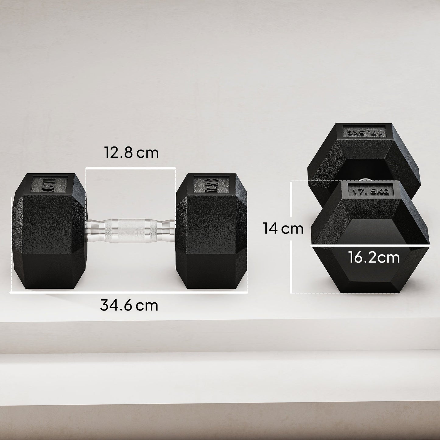 HOMCOM 2x17.5KG Rubber Hex Dumbbell Portable Hand Weights Dumbbell Home Gym